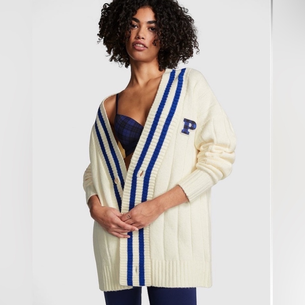 Victoria's Secret PINK Creamer Knit Varsity Cardigan Sweater Jacket Size Med